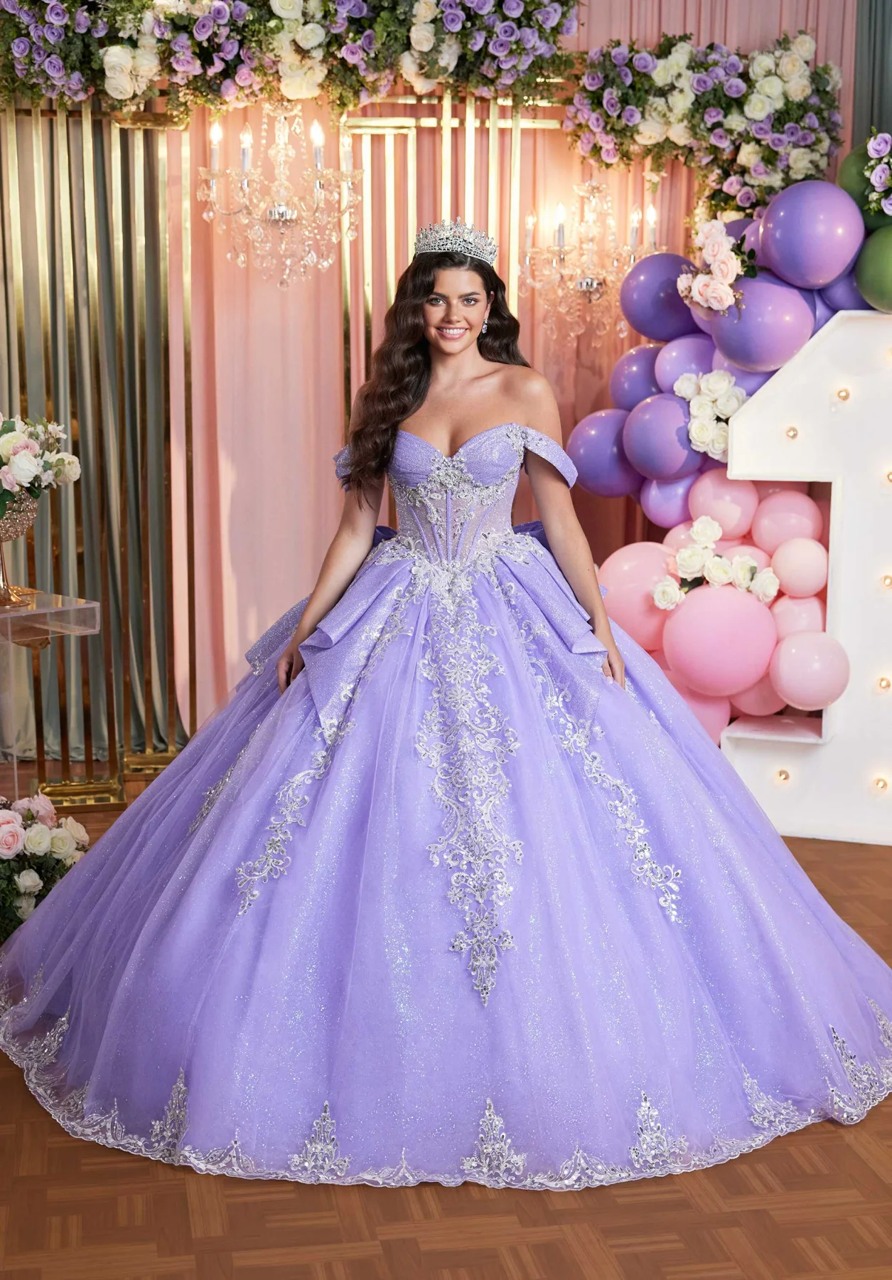 Dress Glitter pleated quinceañera dress with cascading peplum overlay